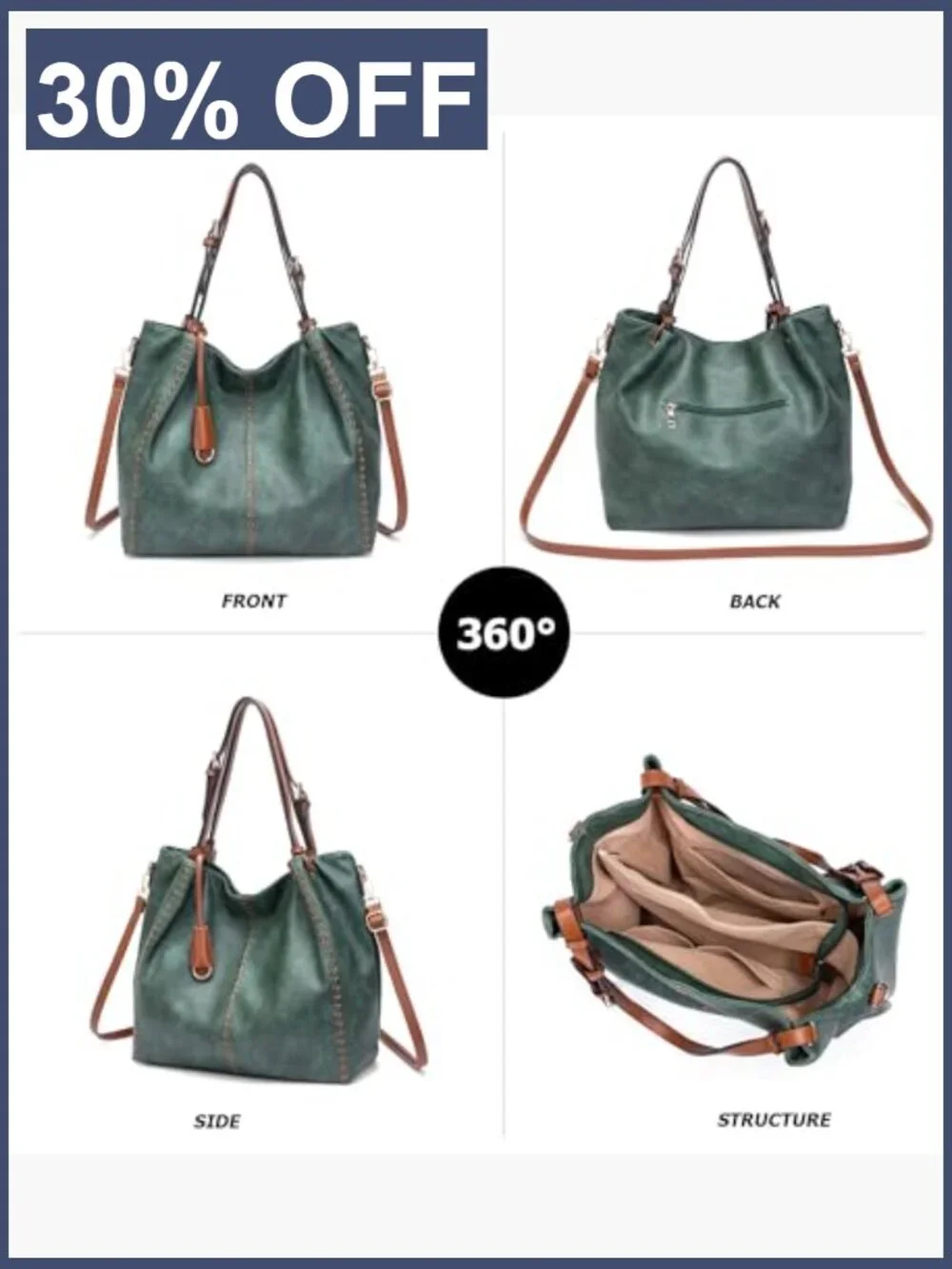 Vintage PU Leather Hobo Shoulder Bag Tote with Rivet Detail Handbag Adjustable